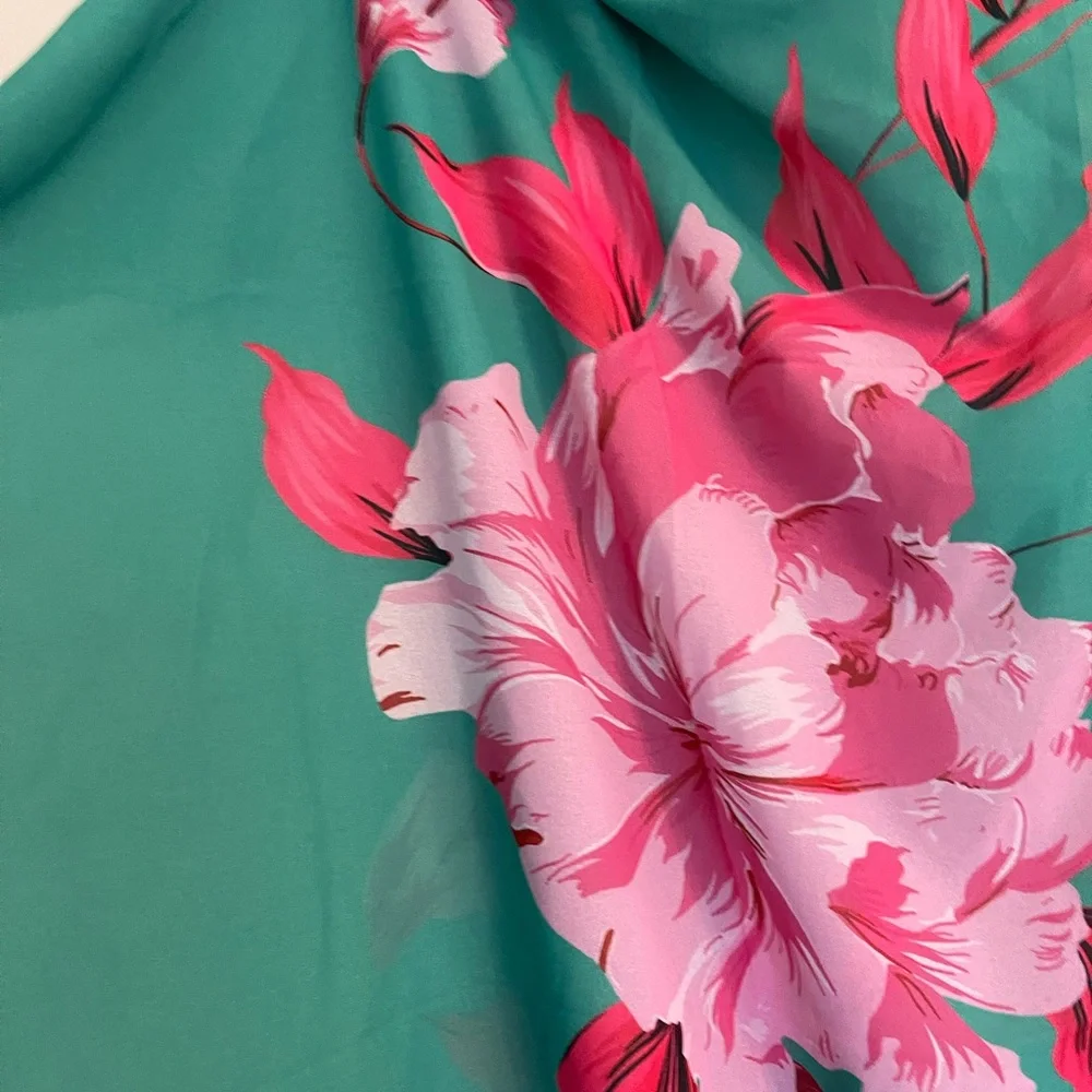Bathing suit wrap coverup resort and beach-ware green w/pink floral pattern.